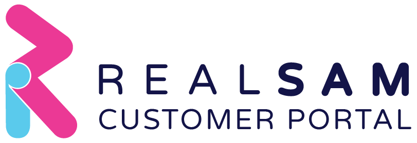 Logo for the Real Sam customer portal with a pink and blue R and the words Real Sam customer portal in dark blue